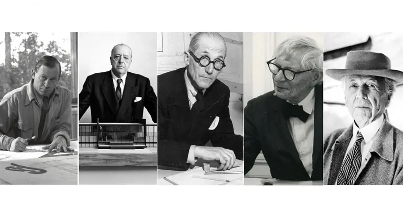 De izquierda a derecha: Alvar Aalto, Mies van der Rohe, Le Corbusier, Louis Kahn, Frank Lloyd Wright